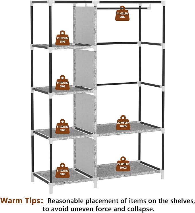 Calmootey Portable Closet Organizers, Clothing Storage, Wardrobe with 6 Shelves and Hanging Rod, Non-Woven Fabric Cover with 4 Side Pockets, Ash Grey