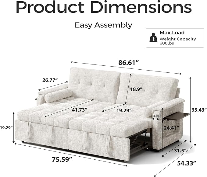 Convertible Sleeper Sofa Bed, 86 Inch Chenille Pull Out Couch