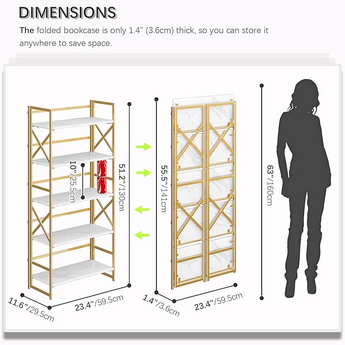 4NM 5 Tiers No Assembly Book Shelves, 51.2" H Folding Bookshelf Bookcase Open