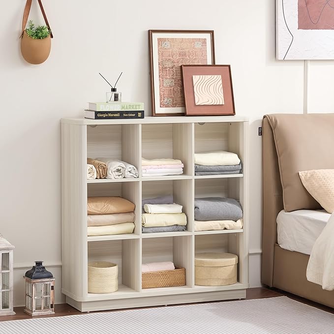 9 Cube Storage Book Shelf, Wood Floor Standing 3-Tier Cubby Bookshelf