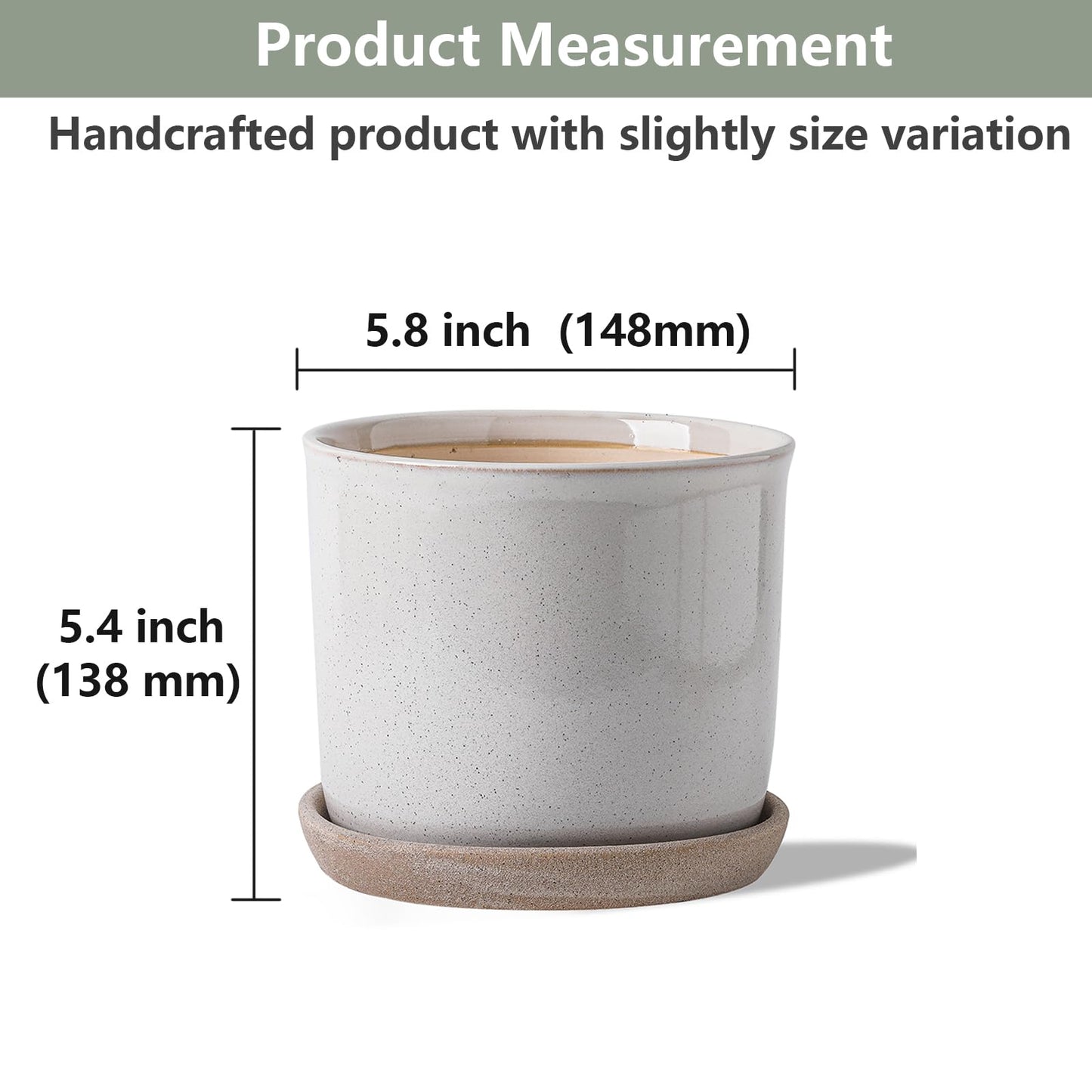 Chubacoo 5.8 Inch Plant Pot: Ceramic Planter with Drainage Hole & Saucer for Indoor Outdoor Plants - Flowerpot with Bonded Tray for Home Office - Retro Style, Grey