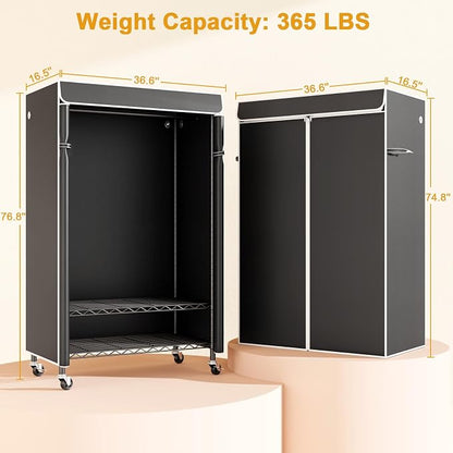 ULIFHOME P6C Rolling Clothes Rack with Cover, Covered Clothing Racks Heavy Duty, Portable Closet for Hanging Clothes, Garment Racks on Wheels, Black Closet Rack with Black Cover, Max Load 365LBS