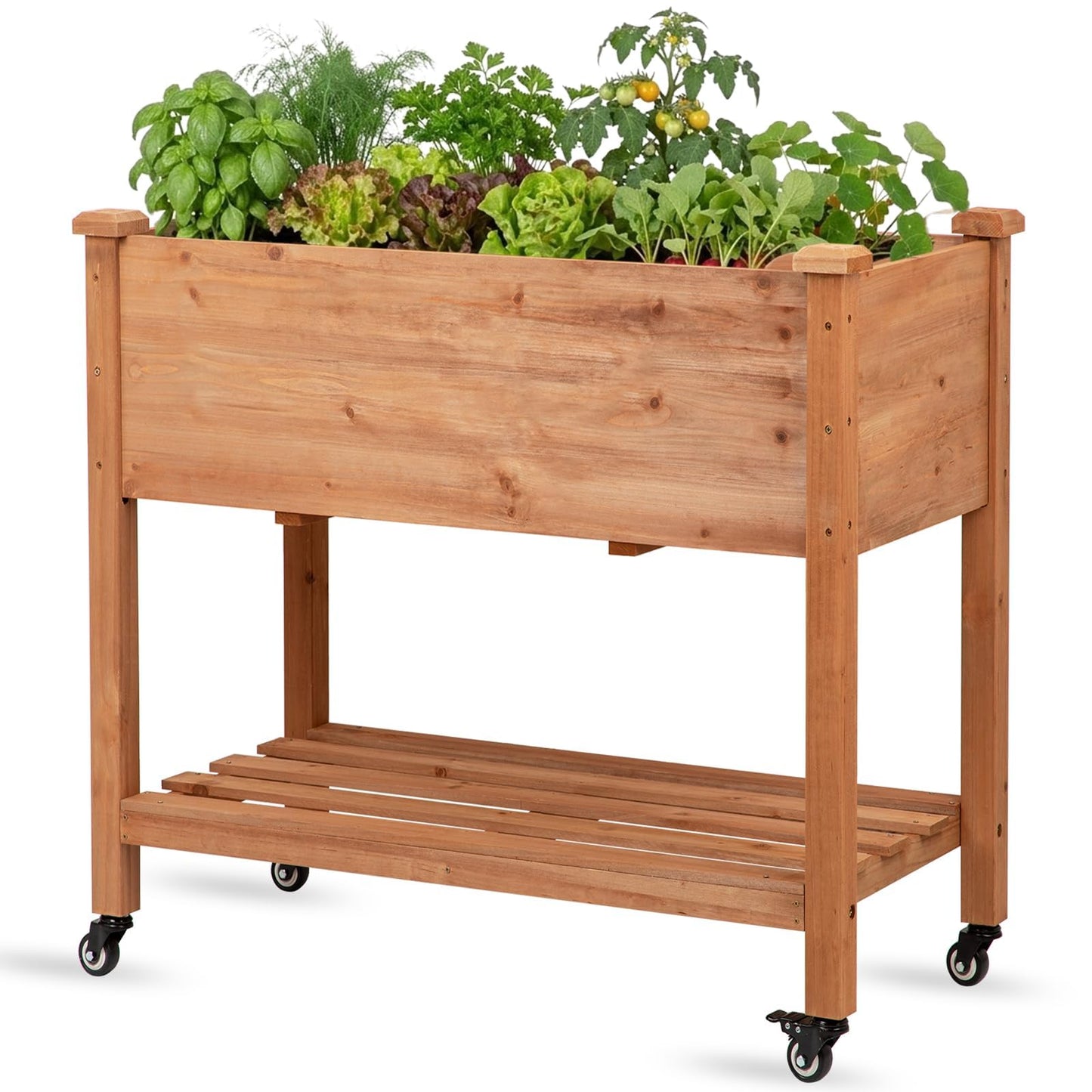 Nature Crafted Raised Garden Bed with Lockable Wheels, 32x16x32 inch Elevated Wood Planter with Storage Shelf Protective Liner for Vegetable Flower Herb Outdoor Balcony Patio Backyard, Brown