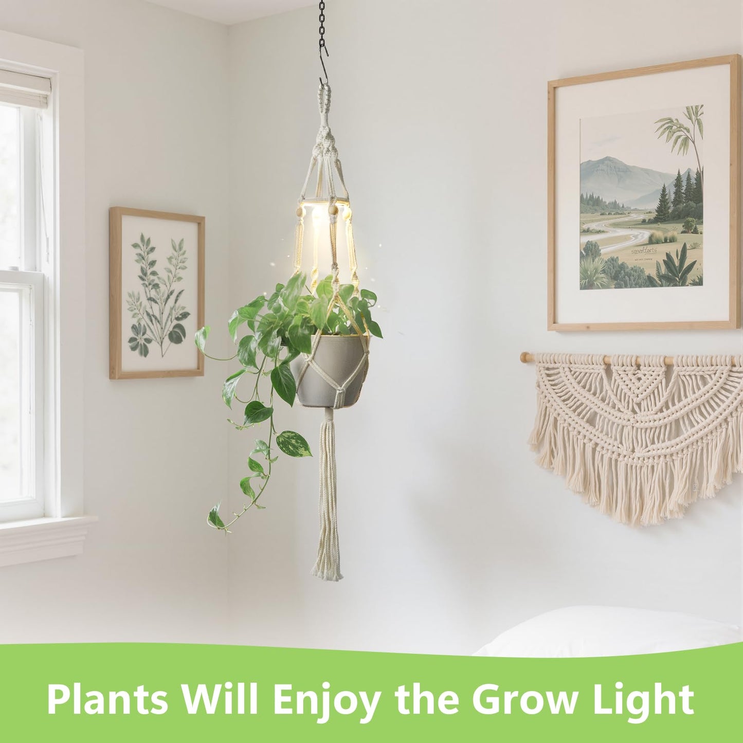 MSFON 2 Pack Macrame Plant Hanger with Grow Light: Sturdy Hanging Planters for Indoor Plants, Cute Plant Holder with Plant Light, Fits 5–9 Inch Pots (Daylight Spectrum)