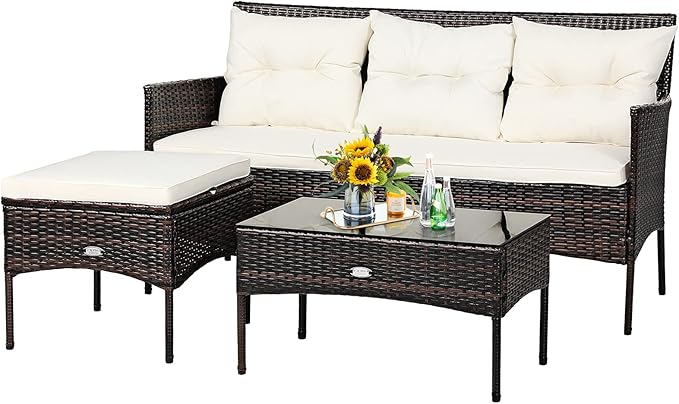 Tangkula 3 Pieces Patio Conversation Set, Outdoor PE Rattan Wicker Furniture
