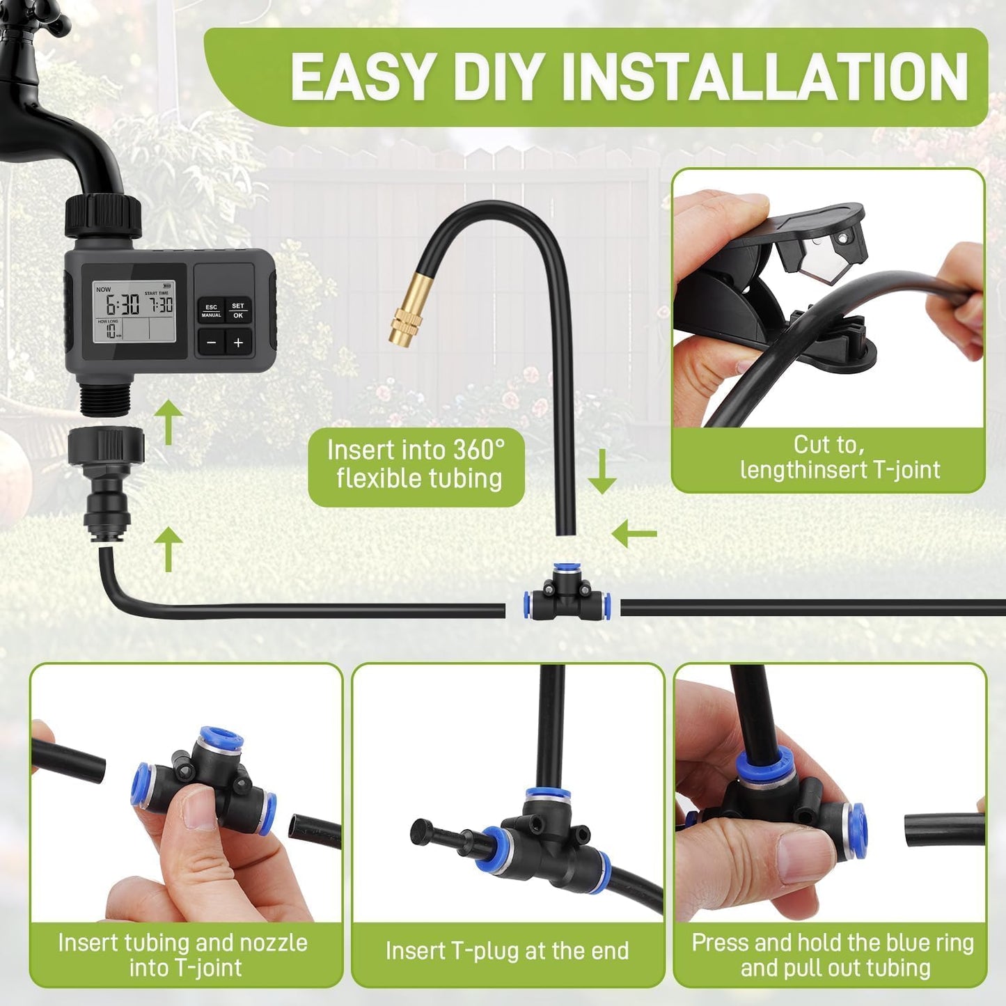 66FT Drip Irrigation Kit with Timer, Automatic Garden Watering System with Flexible 360° Bendable Hose & Adjustable Emitters, Drip Irrigation System for Greenhouse, Yard, Flower Bed, Lawn & Plants