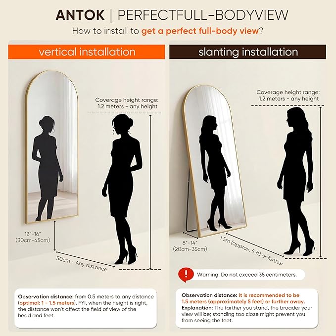 Antok 81" x41” Arched Full Length Floor Mirror, Free Standing/Wall Mount/Leaning