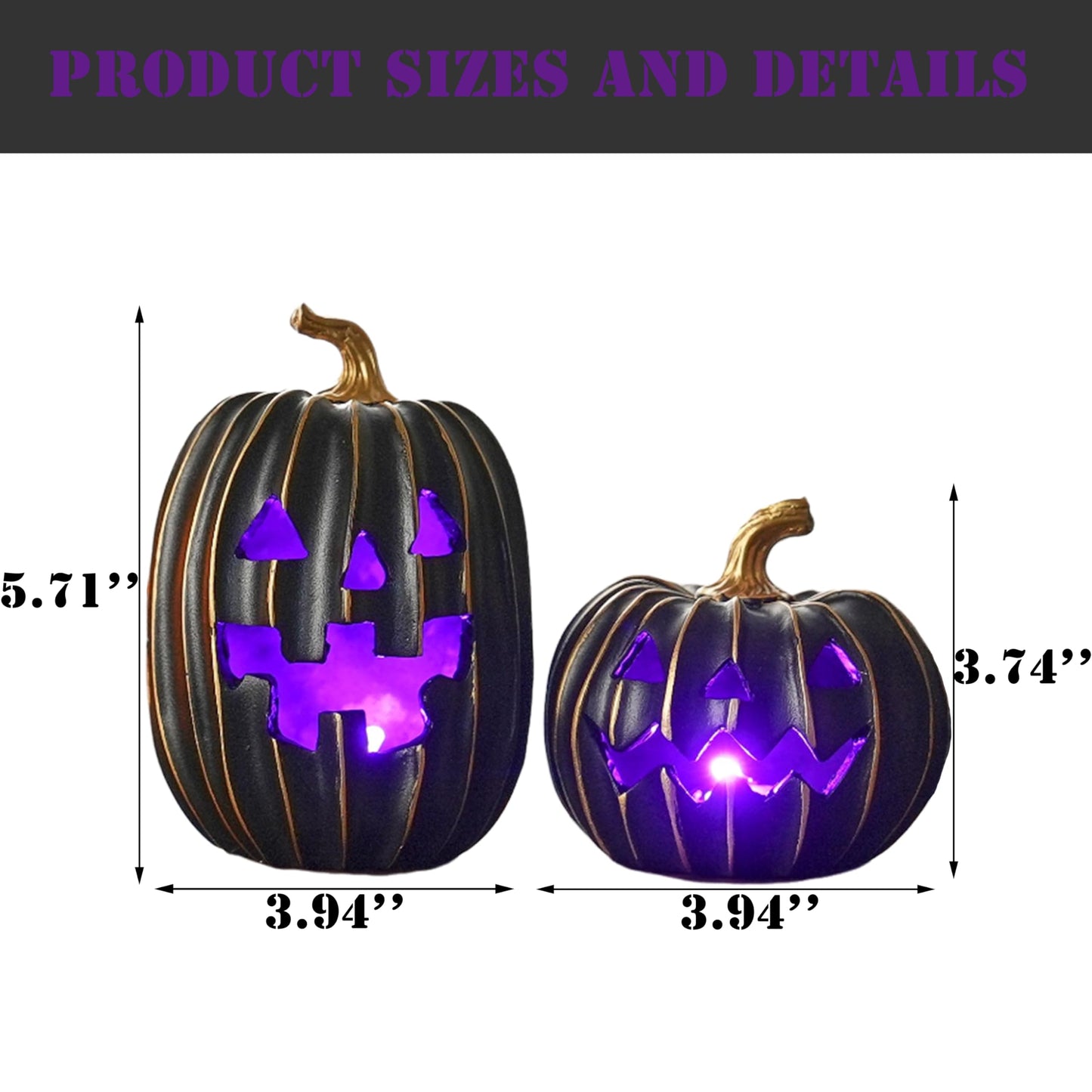 FESTGLOX 2Pcs Light Up Black Pumpkins for Halloween with Gold Lines, Small Jack O Lantern Pumpkins with Purple LED Light, Resin Halloween Pumpkin for Indoor Spooky Decor, Table (Battery Operated)