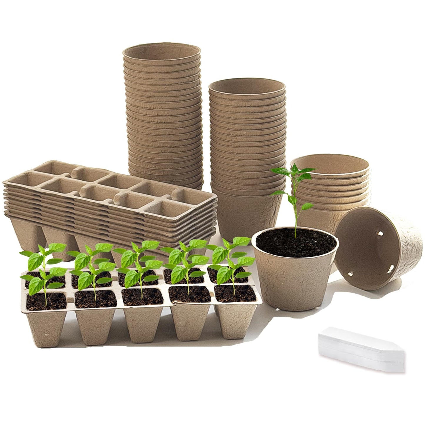YEIHHEIY 200 pcs Seed Starter Pots Kits Include 50pcs 4 Inch Peat Pots with Drainage Holes 100 Cells 2 Inch Seedling Starter Trays and 50 Pcs Plant Labels Outdoor Garden Germination Nursery Pots