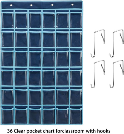 36 Clear Pockets Classroom Pocket Chart for Cell Phone and Calculator Holder, Door Hanging Pocket Chart for Classroom Phone Holder with Number Sticker and Hooks (Blue)