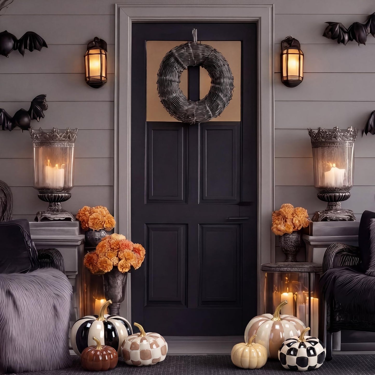 Pinkunn 6 Pcs Halloween Black and White Pumpkins Fall Decor White and Brown Yellow Checkered Striped Resin Pumpkin Decoration for Thanksgiving Autumn Farmhouse Porch Decorations Table Centerpieces