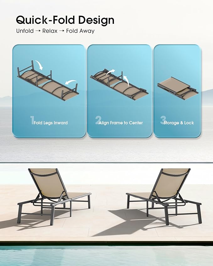 Ciokea Foldable Outdoor Lounge Chair, No Assembly Patio Chaise Lounge Outdoor
