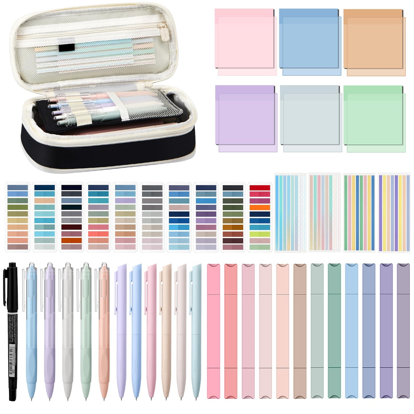 Trandraft 135 Pcs Book Annotation Kit with Pencil Case, 12 Pastel Highlighters, 11 Gel Pens, Fine Marker, 300 Transparent Sticky Notes, 2640 Index Tabs, Bible Study Supplies Kit(Classic,Black)