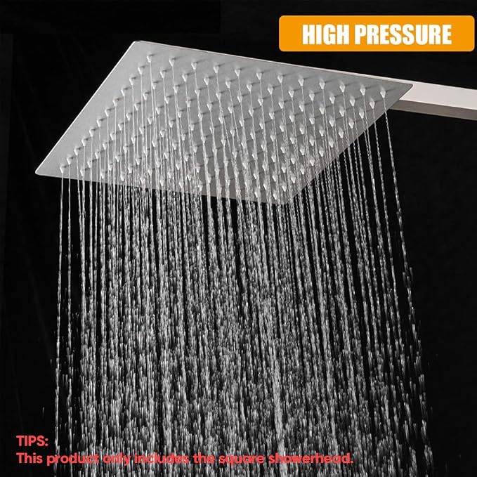 BESy 10 Inch Rain Shower Head, 10" Square Rainfall & High Pressure Stainless Steel Bath Shower Head, 1/16" Ultra Thin, Waterfall Full Body Coverage with Silicone Nozzle, Non Fingerprint Brushed Finish