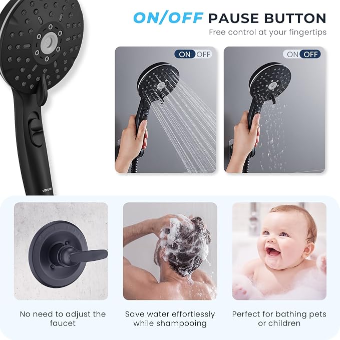 Ryamen Dual Shower Head Combo, 8'' High Pressure Rain Shower Head with Handheld Spray, 6+1 Spray Settings Handheld Showerhead, Height Adjustable, One-touch Pause Button, Matte Black