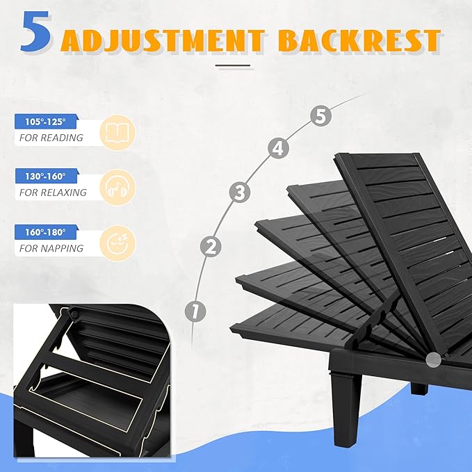 Outdoor Chaise Lounge Chairs Set of 4, 5-Position Adjustable Heavy Duty Tanning