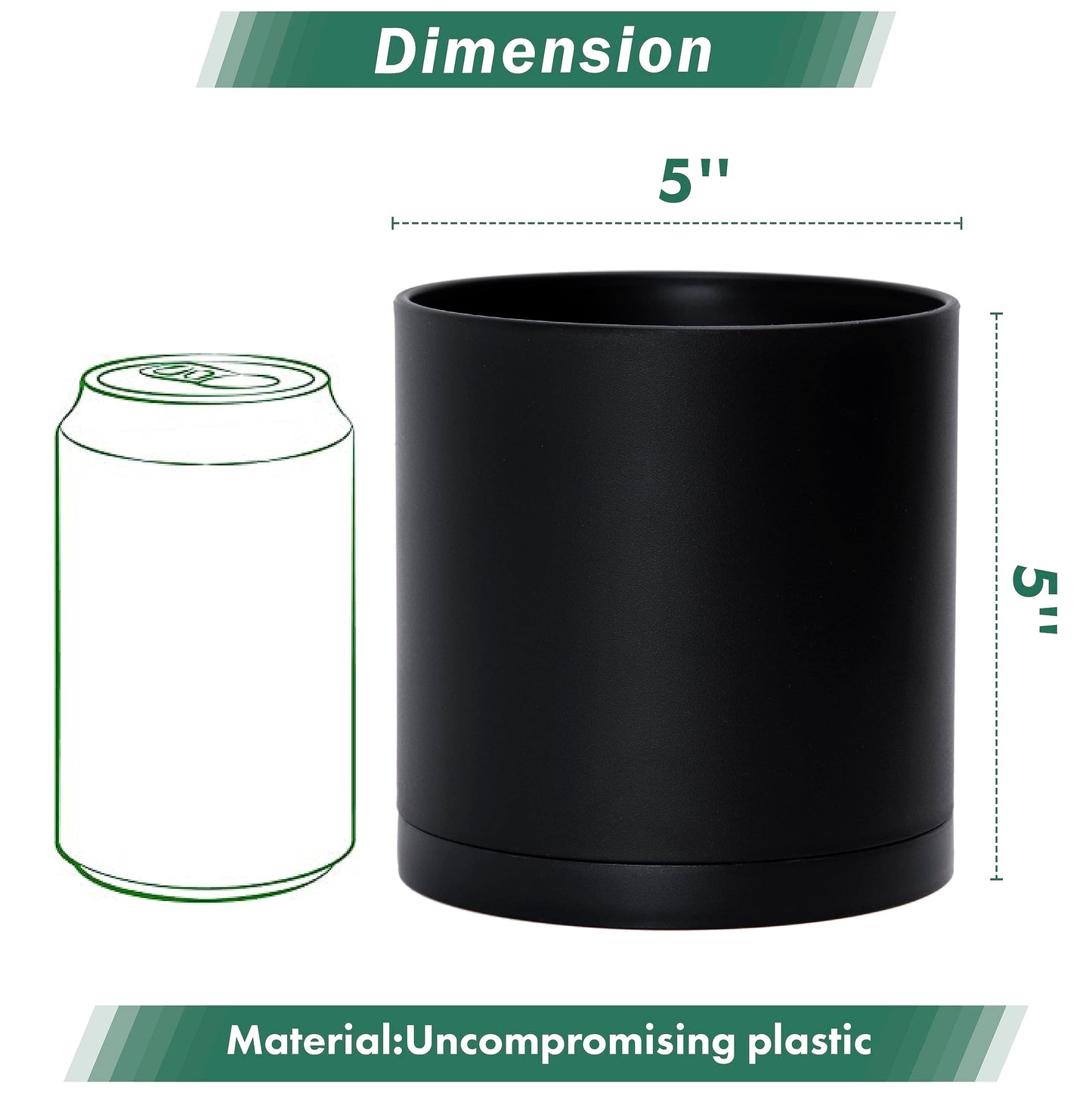 D'vine Dev 6 Pack 5 Inch Modern Plastic Plant Pots, Small Garden Planters for Plant with Drainage Holes and Saucers, Black Color, 74-Y-G-3