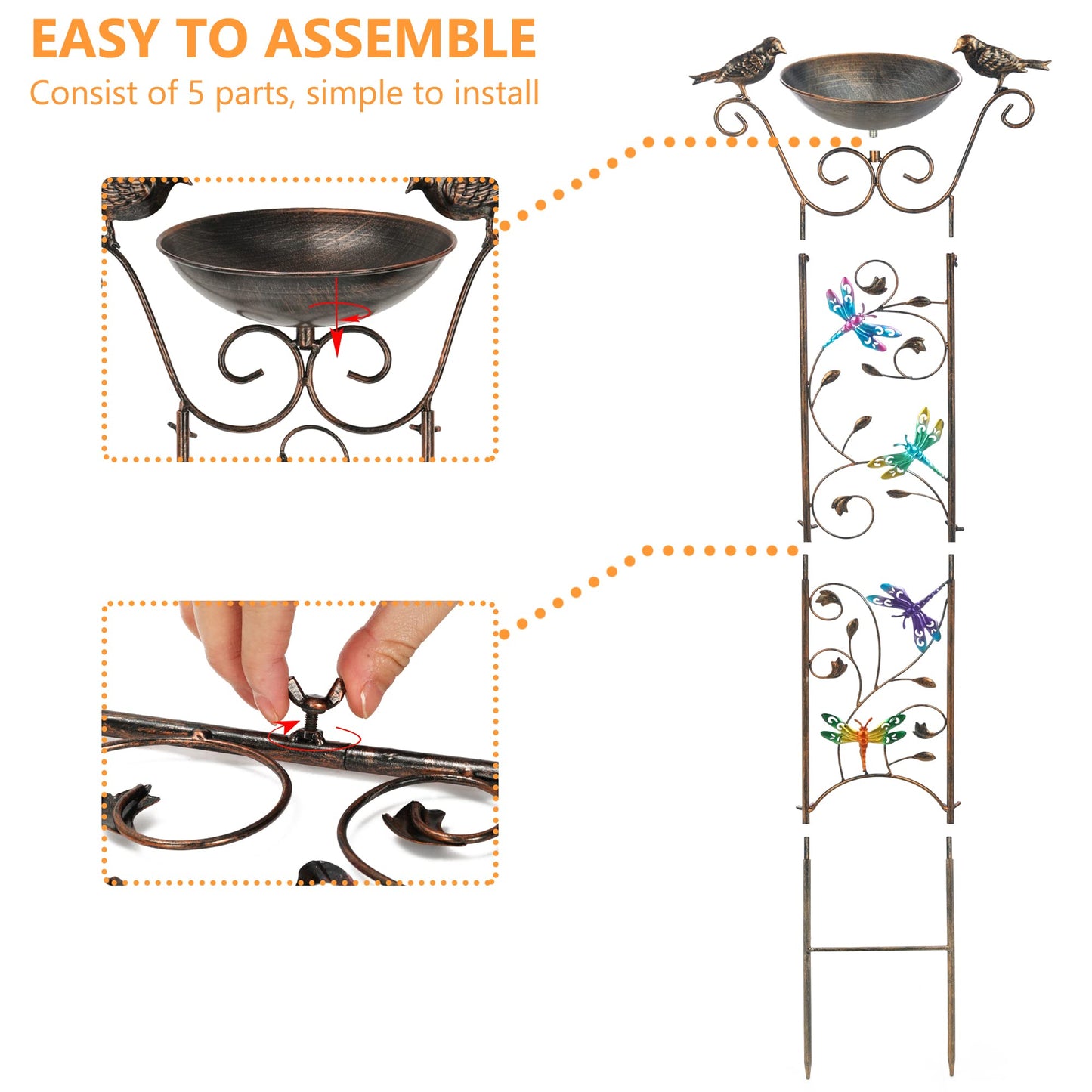 LEWIS&WAYNE Garden Trellis Bird Bath Outdoor, 40 Inch Antique Iron Garden Plant Trellis Decorative with Dragonfly and Detachable Drinking Basin Bowl, Free Standing BirdBath Birdfeeder Station