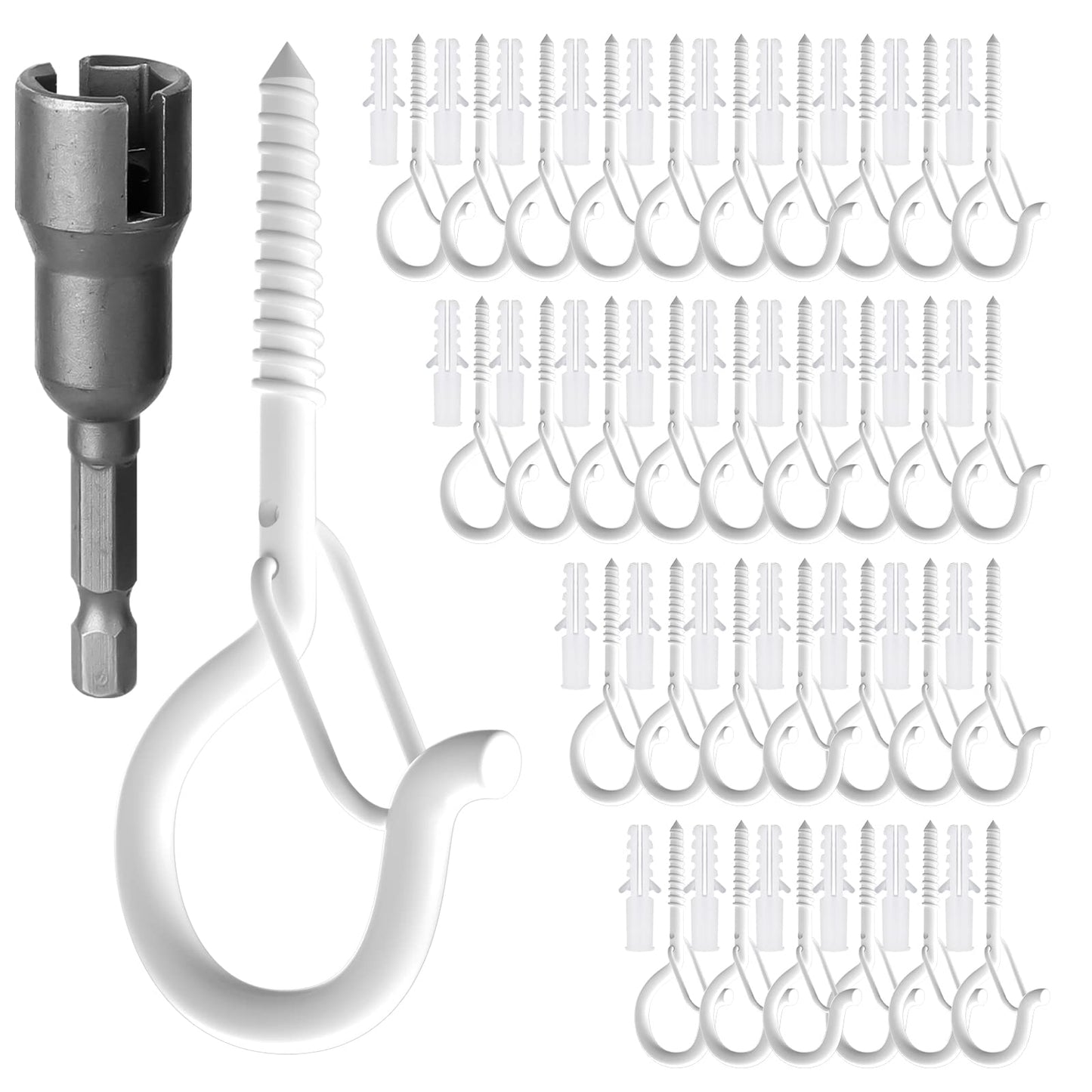 GIPTIME 32Pcs Q-Hanger Hooks with Safety Buckle, Windproof Screw Hooks for Hanging Outdoor String Lights, Plants, Christmas Decorations, Includes Wing Nut Driver, White