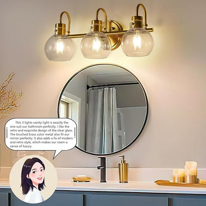 3-Light Vanity Light, Brushed Brass Bathroom Light Fixtures, Farmhouse Wall Sconces with Globe Clear Glass Shade, Porch Wall Mount Lamp for Mirror, Kitchen, Porch, Living Room, Workshop (E26 Base)
