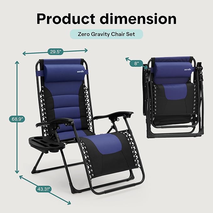 SereneLife Oversized Padded Zero Gravity Lounge Chair, Foldable Outdoor Patio