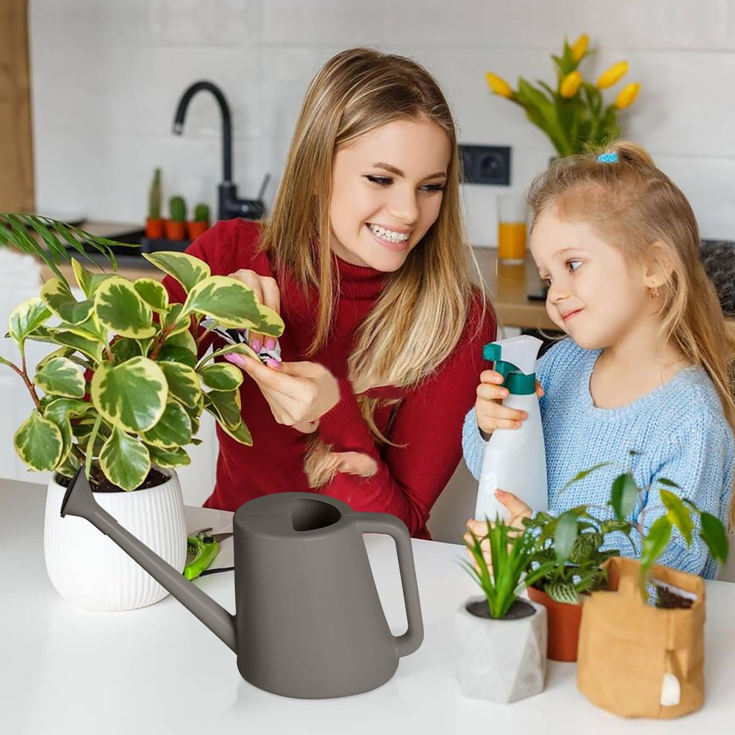 ZXJ Grip Plant Watering Can - for Indoor and Outdoor Home Garden Plants - with Long Spout - Grey - 1/2 Gallon