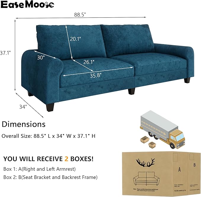 EASE MOOSE 88.5" Large Seat Velvet Loveseat Sofa, Soft Deep Seat Couches
