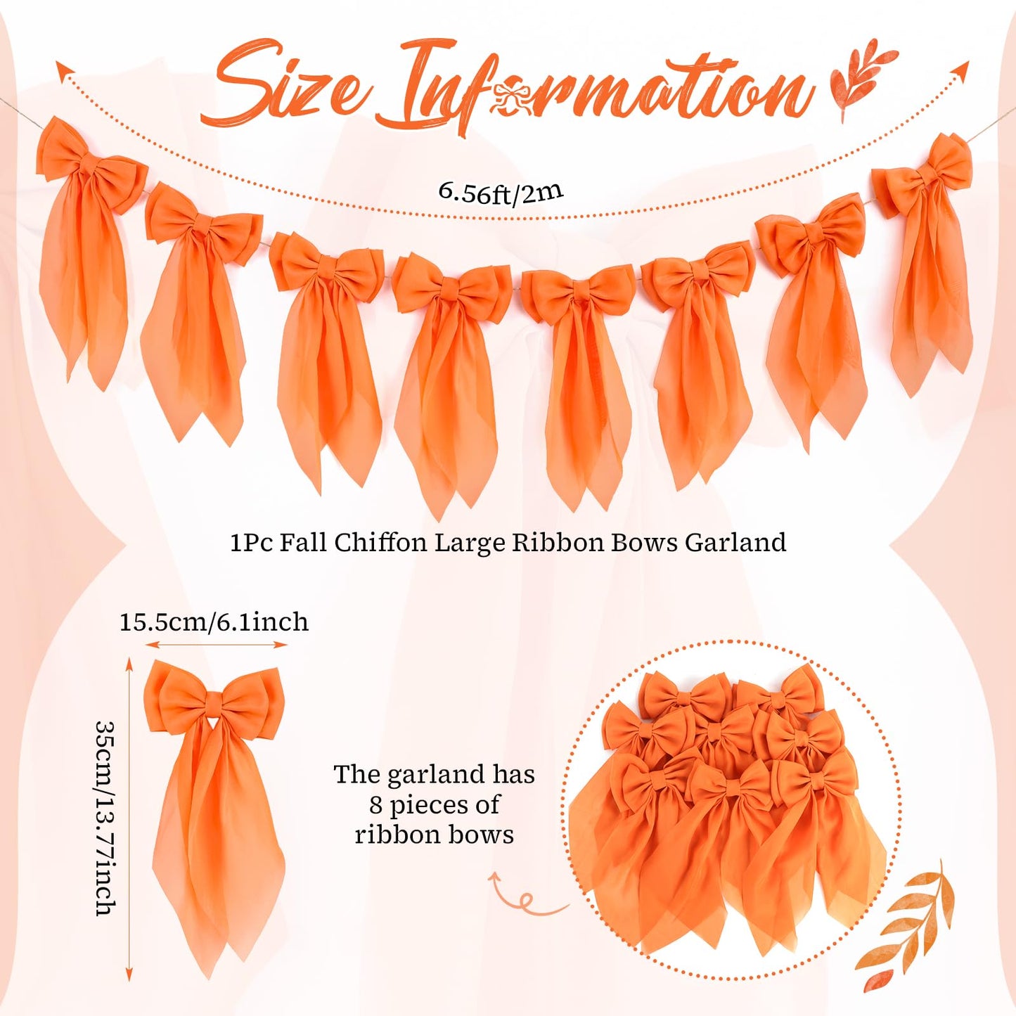 Orange Fall Bow Garland, Autumn Chiffon Bows Garland Thanksgiving Pumpkin Bow Banner Fall Decor for Mantle Fireplace Decor, Home Office Thanksgiving Halloween Harvest Decorations