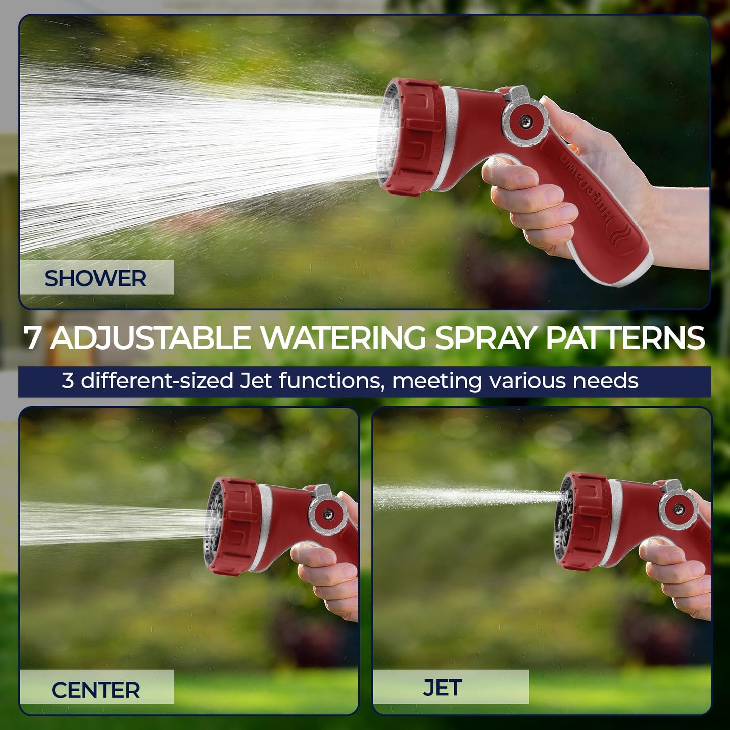 HugeDawn Garden Hose Nozzle with 7 Spray Patterns, Heavy Duty Metal Sprayer 30% Greater Water Flow for Watering, Car Wash, Outdoor Cleaning (Red)