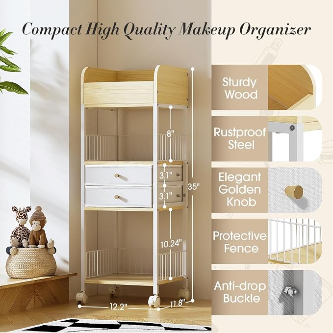 TidyStash Rolling Cart with Drawers 4-Tier Storage Cart with Large Drawers, Heavy-Duty Steel Frame and Wood Shelves Organizer for Makeup, Skincare Bathroom Kitchen Dorm Vanity Home Supplies