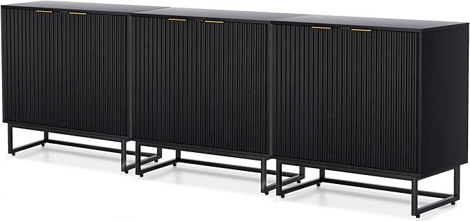 EYYTHUNG Fluted Storage Cabinets Set of 3, Sideboard Buffet Cabinet Modern