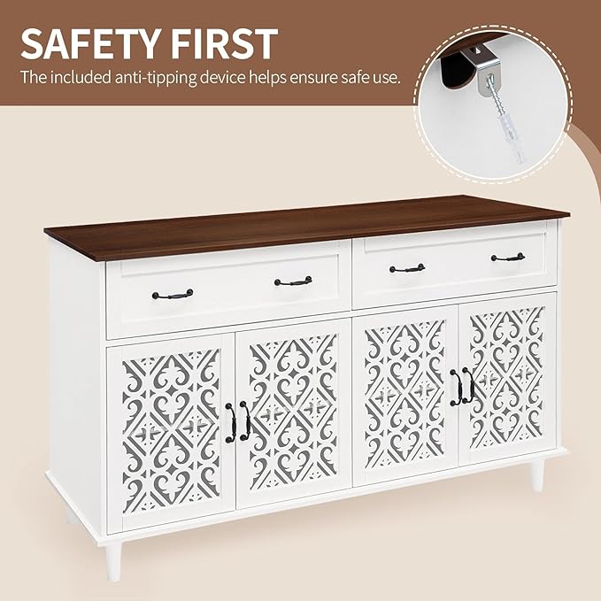 59″ White Bohemia 4 Heart Shaped Carved Doors, 2 Drawers and 2 Adjustable