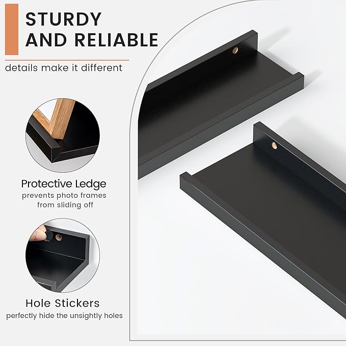 Floating Picture Ledge Shelves Set of 8, 16 Inch Solid Wood Wall Shelves