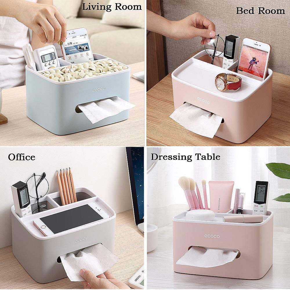 Multifunction Rectangular Tissue Holder Cover Case Facial Tissue Paper Box Napkins Dispenser Container Stylish Remote Control Desk Storage for Living Room Bedroom Dressers Home Office (Grey)