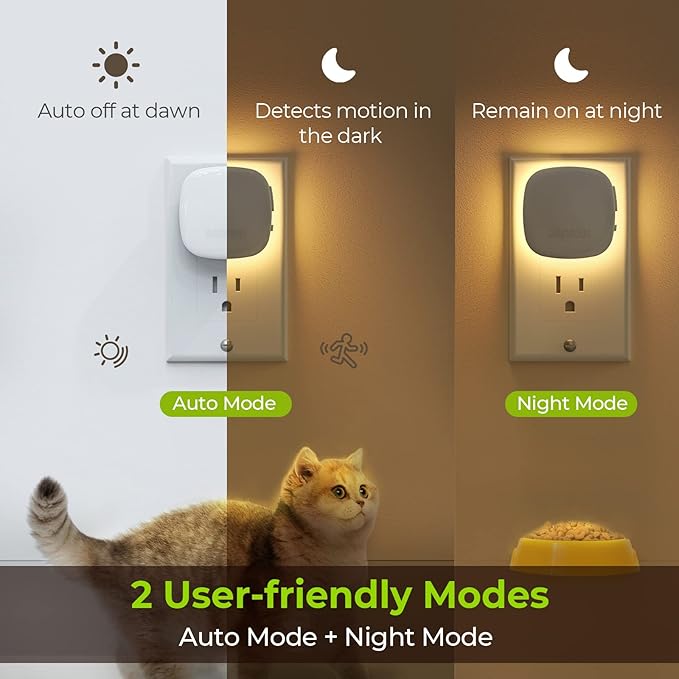 AUVON 4 X Plug-in LED Backlit Night Light with Motion & Dusk to Dawn Sensor | 2200K Soft Warm White Nightlight with 1-50lm Dimmable Brightness for Adults & Kids' Bedroom, Bathroom, Hallway