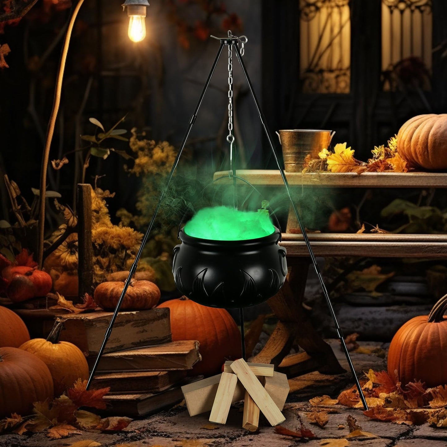 KOYILTD Halloween Outdoor Hocus Pocus Candy Cauldron Witches Cauldron on Tripod with Lights Garden Decor Halloween Candy Bowl Spooky Poison Soup Pot Decor for Home Porch (Green, Large)