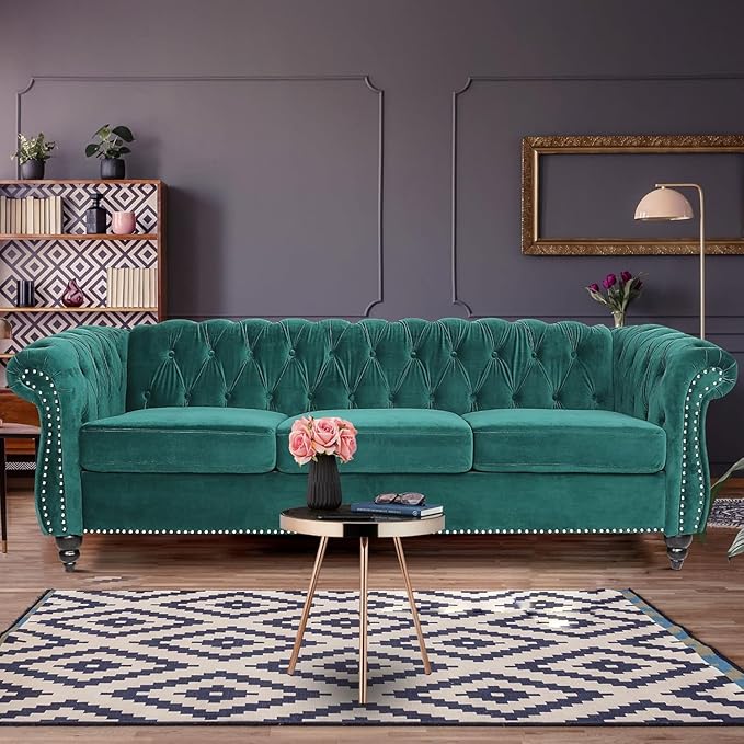 Mid-Century 3 Seater Sofa, Velvet Couch