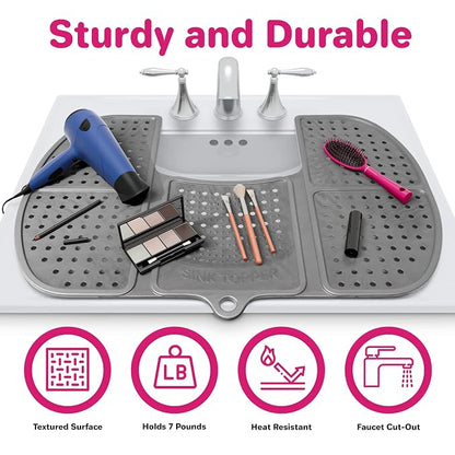 Sink Topper Bathroom Counter Cover & Storage Saver, Foldable Silicone Mat for Hot Tools, Hair Styling & Makeup, Beauty Brush Cleaning Mat, RV Camper Sink Cover & for Small Spaces (Large Silver)