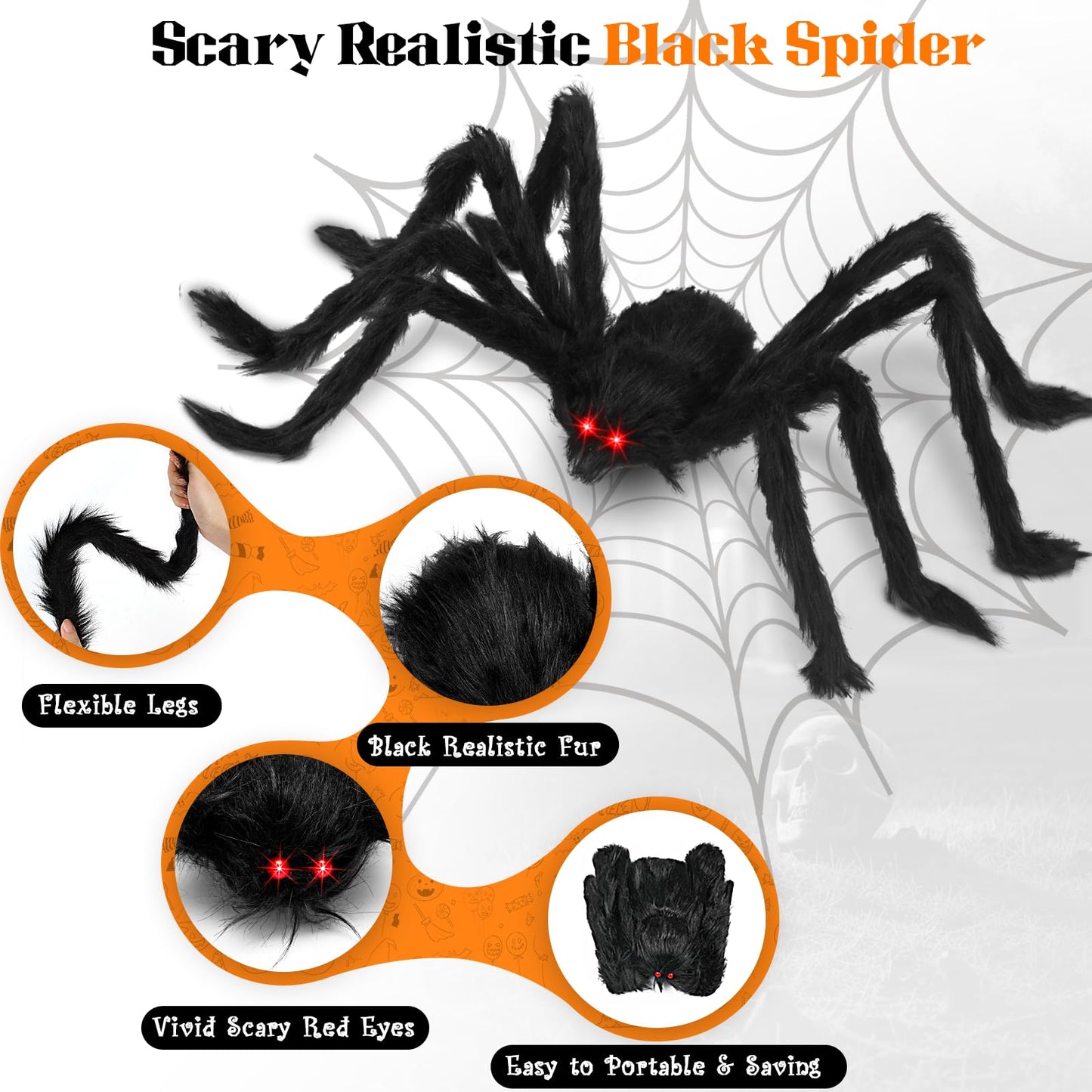 Chermory Halloween Giant Spider Decorations: 35/49/79 Inches Large Fake Scary Hairy - 3PCS Huge Plush Toy Props for Indoor Outdoor Creepy Lawn Garden Decor Black