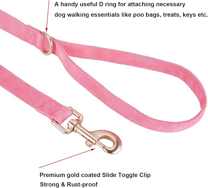 Soft Corduroy Dog Collar and Leash Set Adjustable Durable Dog Collars with Metal Buckle and Lead for Female Large Dogs,Hot Pink