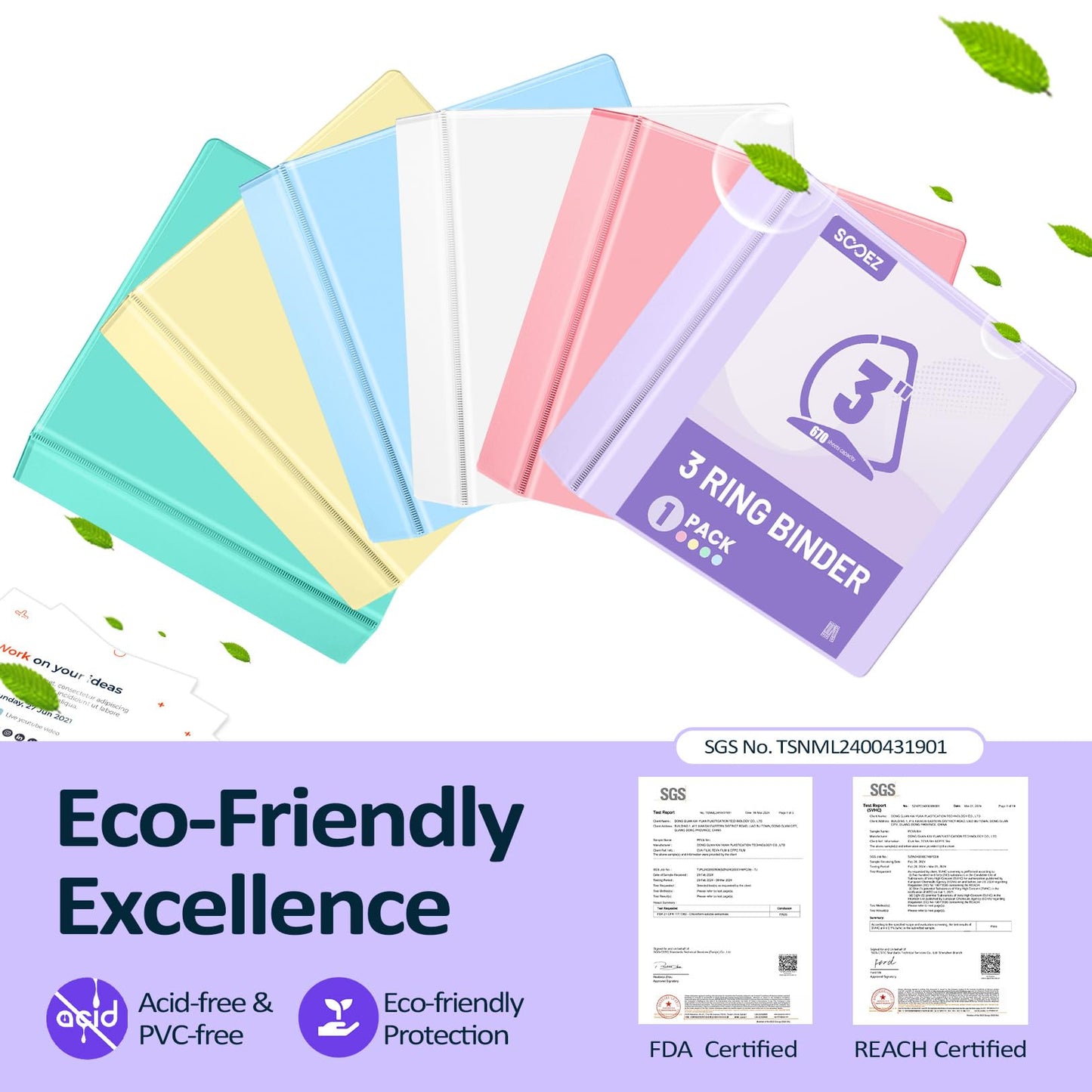Sooez BinderX Extra Durable 3 Inch 3 Ring Binder, D-Ring Large Binders, Holds 670 Sheets of 8.5x11 Paper, Customizable View Cover with 2 Inside Pockets, School & Office Supplies, Lavender