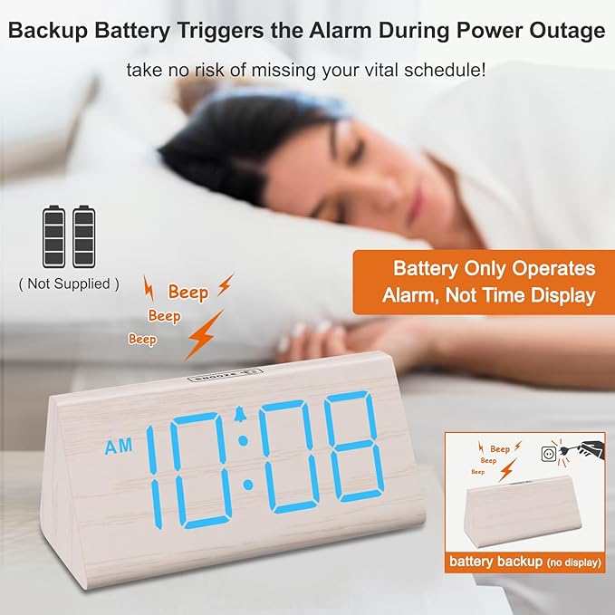 DreamSky Wooden Digital Alarm Clock for Bedrooms with Large Numbers | Electric Desk Clock, USB Port, Loud Alarm for Heavy Sleepers, Adjustable Volume, Dimmer, DST, Wood Décor Gifts, Plug in Clock