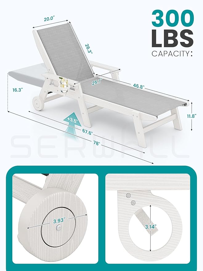 SERWALL Textilene Patio Chaise Lounge Chair Set of 2, 5 Positions Outdoor