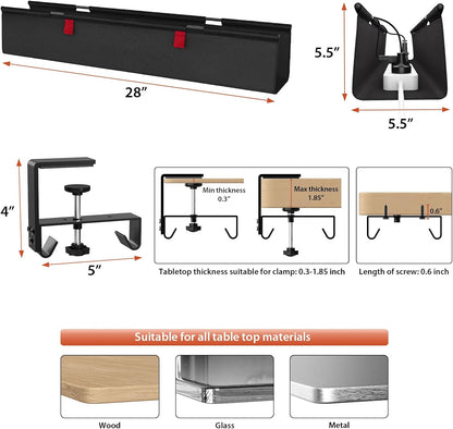Univivi No Drill Under Desk Cable Management Tray, 28" Cord Organizer for Table, Clamp/Screw Mount Desk Cable Management, Premium Fabric Cable Management Tray for Office, Home