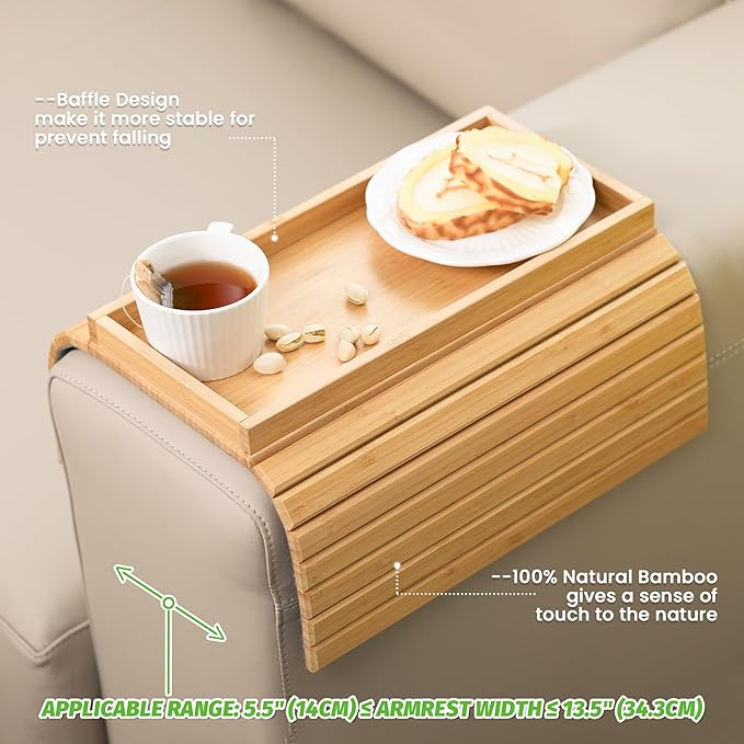 GEHE Bamboo Sofa Arm Tray, Foldable Couch Arm Tray Side Table, Anti-Falling