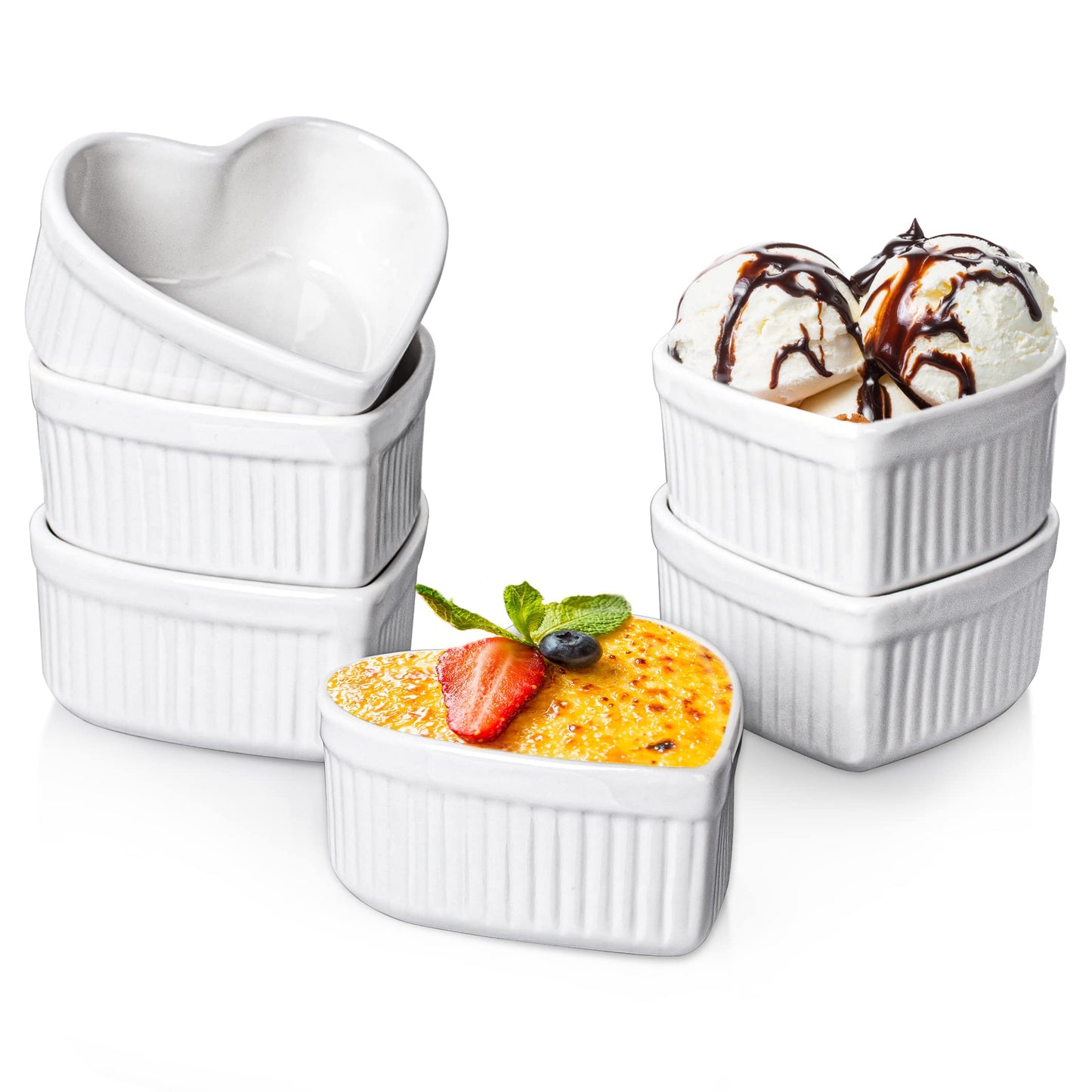 DELLING Heart Shaped Ramekins 6 Oz Oven Safe Set of 6, Porcelain Creme Brulee Dishes - Small Baking Bowls for Souffle Dessert Snack Quiche, Valentines Day Gift, White