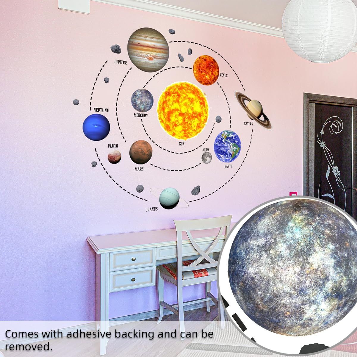 Solar System Wall Stickers Planets with Sun Decals Educational Theme Peel and Stick Astronomy Decals for Kids Room Bedroom Home Decor (Planets)