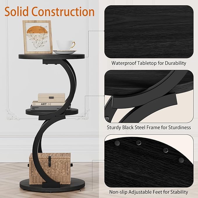 JUSTOGO Small Round Side Table, 3-Tier End Table