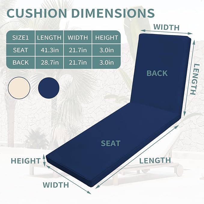 Outdoor Chaise Lounge Cushions for Patio, Waterproof Replacement Seat Cushions