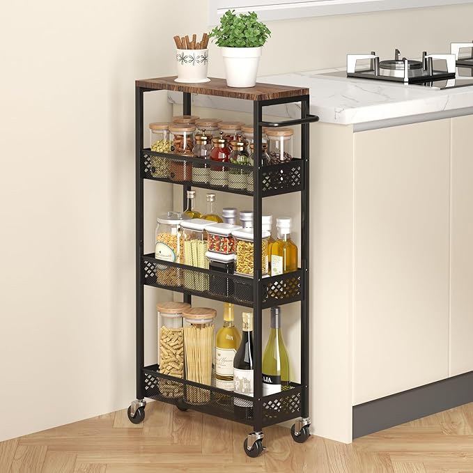 XYZLVSI Slim Storage Cart 4 Tier Narrow Kitchen Rolling Cart on Wheels
